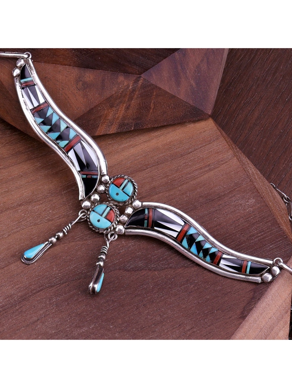 Vintage Zuni Sterling Silver Multi-Stone Inlay Bib Collar Necklace 17"